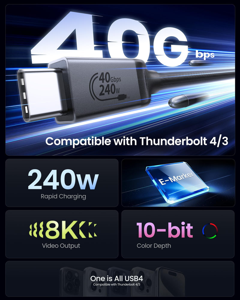 Silkland USB 4 Cable for Thunderbolt 4, 40Gbps Data Sync, 240W PD 3.1 Charging, 8K/5K@60Hz, Dual 4k, Braided USB C Video Cable Compatible for MacBook, iPhone 17/16, SSD, Docking, Monitor, eGPU, 5FT