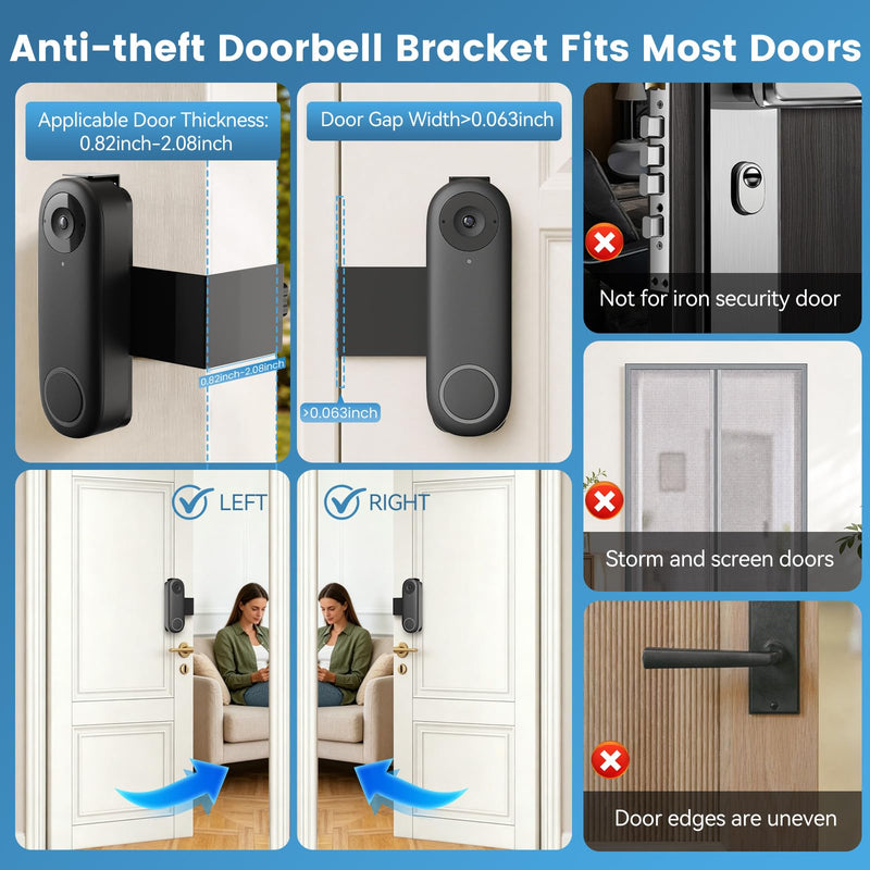 Anti-Theft Video Doorbell Mount Compatible with Reolink/Orbitell Doorbell | No-Drill Adjustable Door Mount Bracket, No Block Motion Sensor Doorbell Holder for Apartment Home Office Rentals