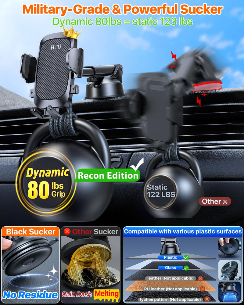 2025 Ultimate Car Phone Holder【80+LBS Strongest Suction & Military-Grade】 Universal Cell Phone Holder Truck Car Mount for Dashboard Windshield Air Vent for iPhone 16 Pro Max 15 Samsung 2pcs,Black Black