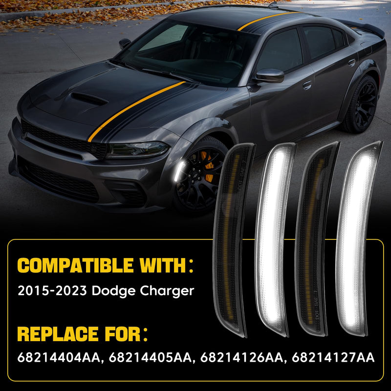  [AUSTRALIA] - White LED Side Marker Lights Compatible with Dodge Charger 2015-2023, Front & Rear Bumper Smoked Lens Reflector Lamps Replace# 68214405AA 68214404AA 68214127AA, 4PCS