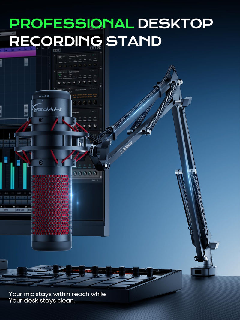 CACENCAN Upgraded Mic Arm Stand, 1.8KG Heavy Duty Boom Arm for HyperX QuadCast, 360° Adjustable Microphone Stand with C-Clamp, Universal 3/8" 5/8" Adapter for Gaming Streaming Podcast Recording Studio Black