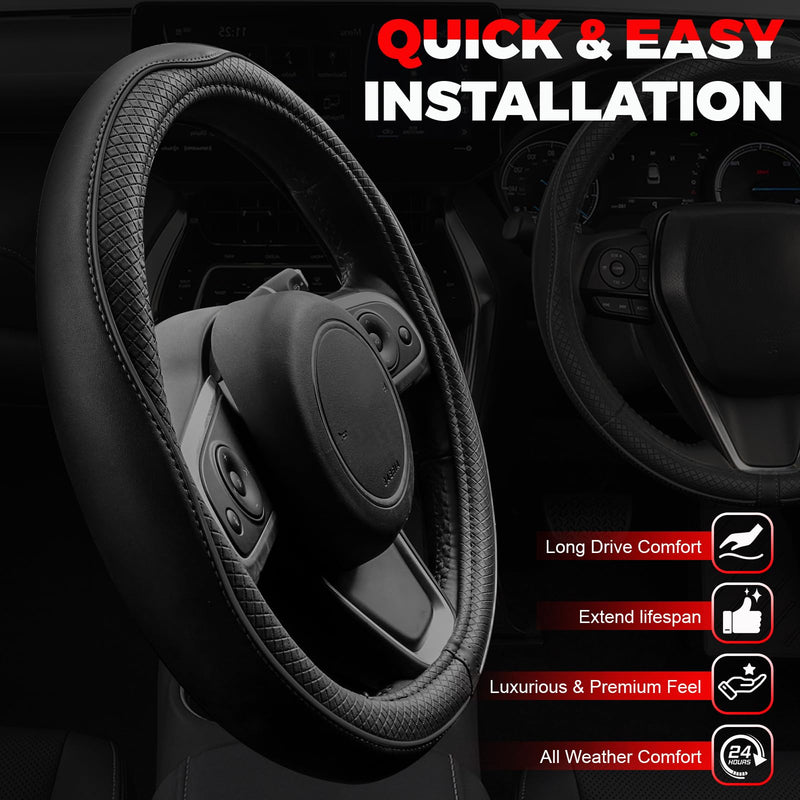 Ouzorp Car Steering Wheel Cover, Microfiber Leather Steering Wheel Covers with Anti-Slip Lining, Universal 14.5-15 inchs Black Black,Medium(Standard) Size[14.5"-15"]