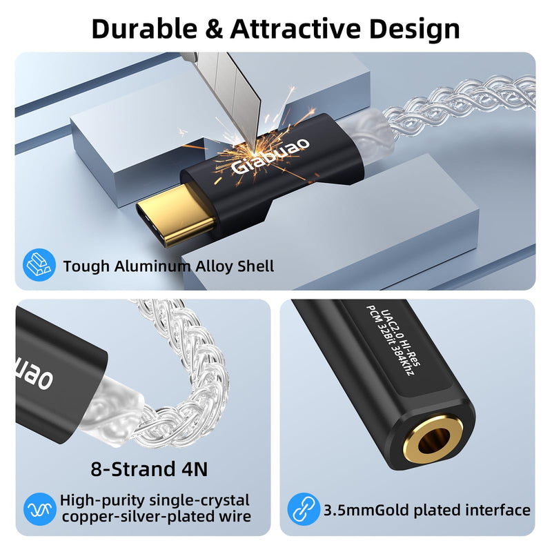 USB C to 3.5mm Audio Adapter with CX31993+MAX97220 DAC Amplifier | DAC Dongle Headphone Amp 8-Strand 4N Silver Plated Cable for iPhone /Android/Samsung/Mac/IEMs Earphones,HiFi 32Bit/384kHz Black