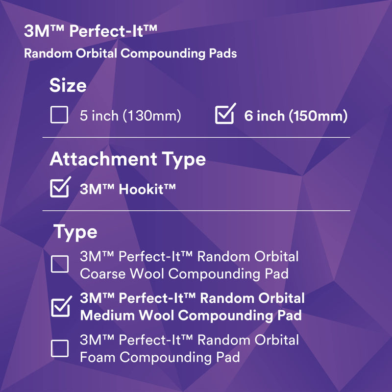 3M Perfect-It Random Orbital Medium Wool Compounding Pad, 6"/150 mm, White, 34125, Orbital Pads for Automotive Compounding and Polishing 6" 150mm