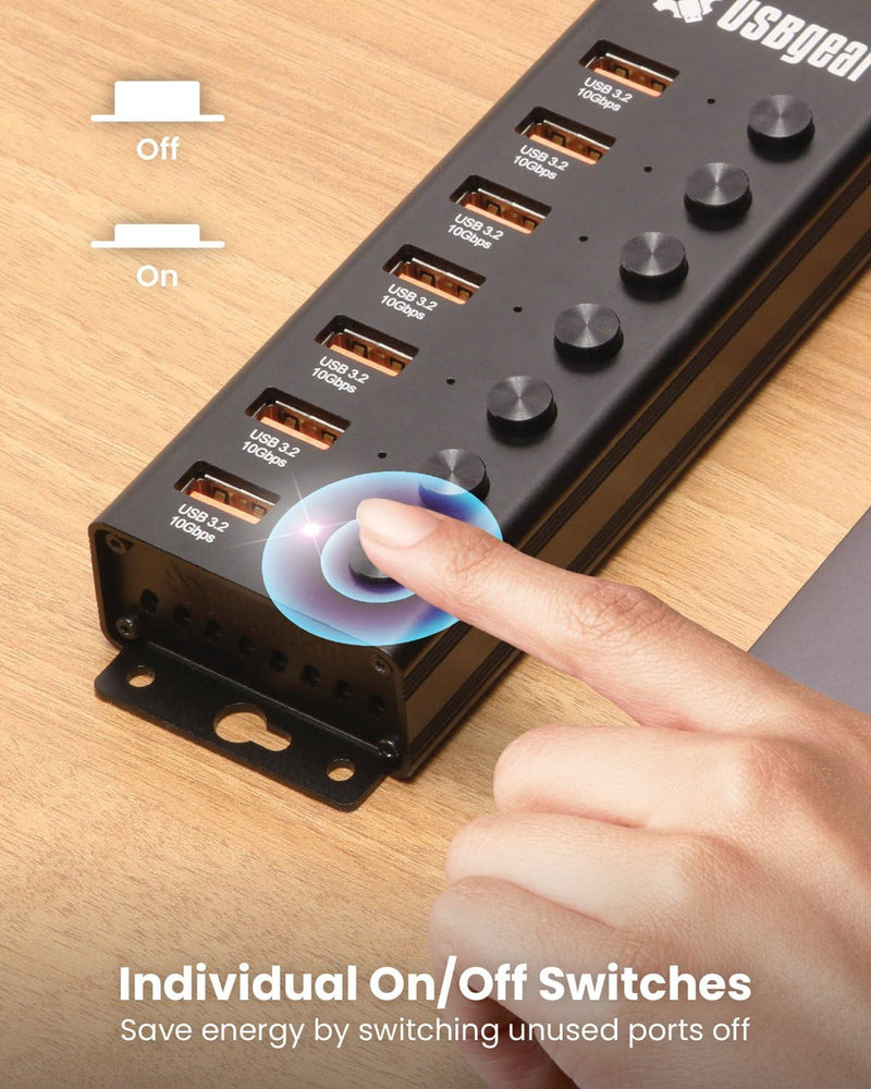 7-Port USB 3.2 Gen 2 Hub - 10Gbps, Individual Power Switches, and Mountable Design for Workspaces & Labs 7 Port Hub w/Power Switches