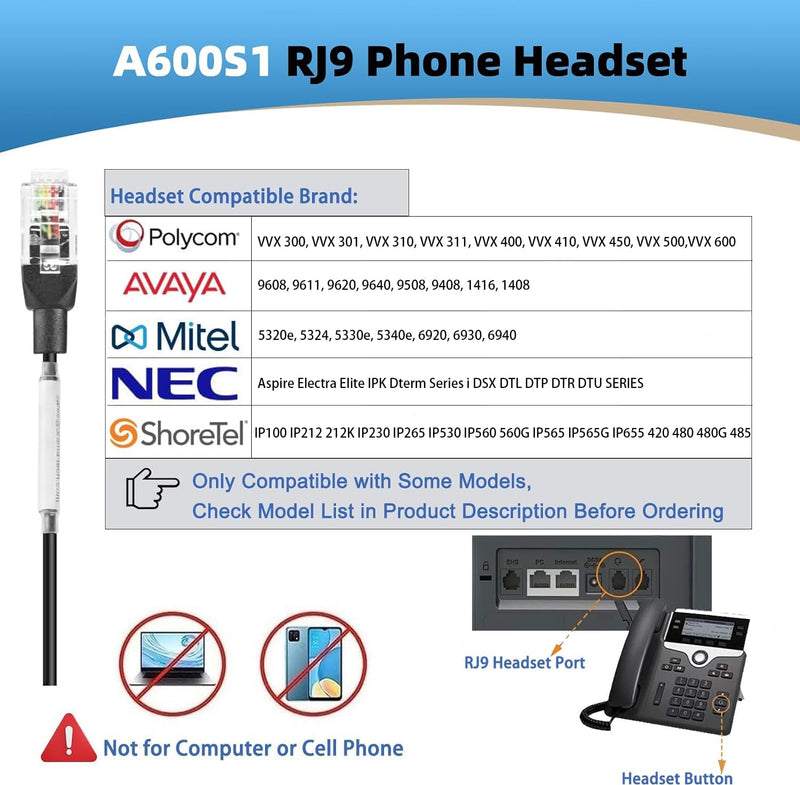 Arama Phone Headset for Office Phones for Polycom & Other IP Phones(A602S1) | Noise-canceling Mic, Metal Headband, Plug-and-play, Hands-Free, Call Center, Telemarketing, Office, Lightweight Design Black