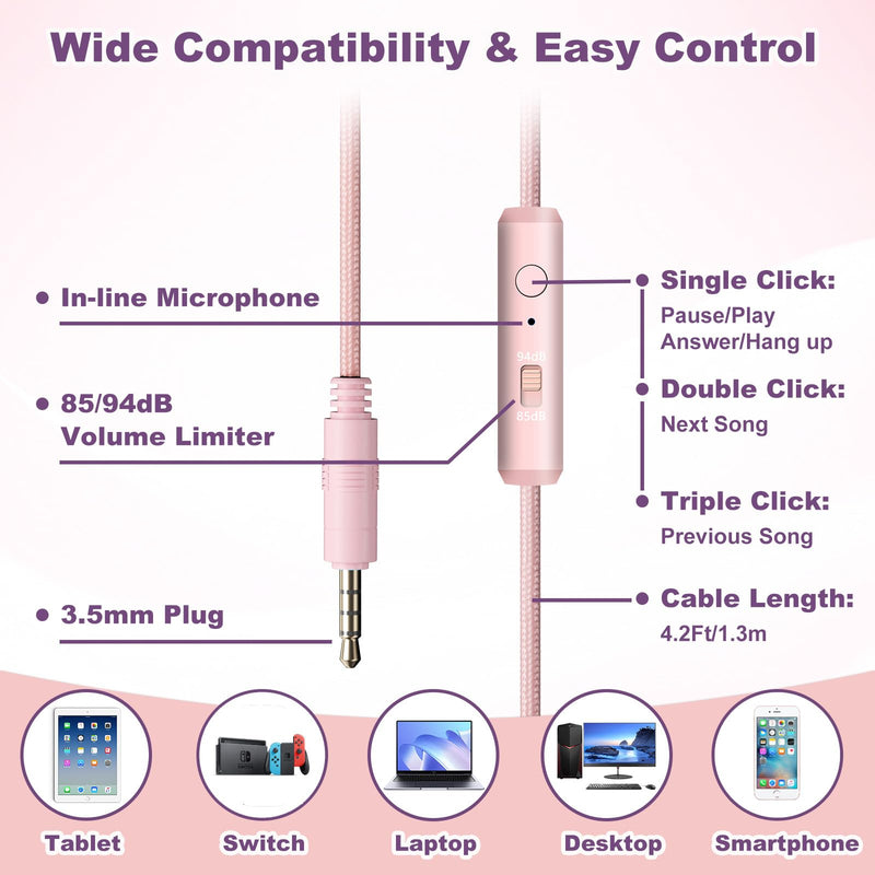 Kids Headphones with Cord and Mic for School Class Airplane Travel, Pink | 85/94dB Volume Limit, Wired Durable Comfortable On Ear Earphones, Headset for iPad Tablet Kindle Laptop PC, Boys Girls Teens