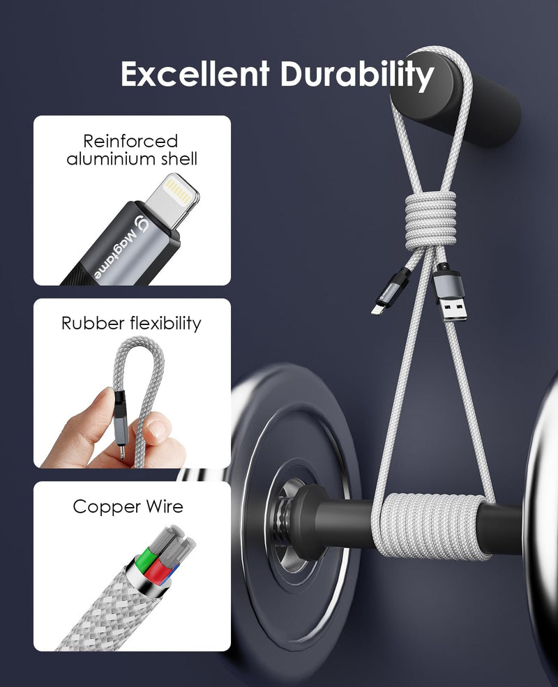 Coiled Magnetic USB A to Lightning Cable 3.3FT, Self Winding Cord | Silver Braid USB to Lightning Charging Cord Anti Tangle Car Desk Phone Cable Compatible with iPhone 14 13 12 11 Pro Max SE