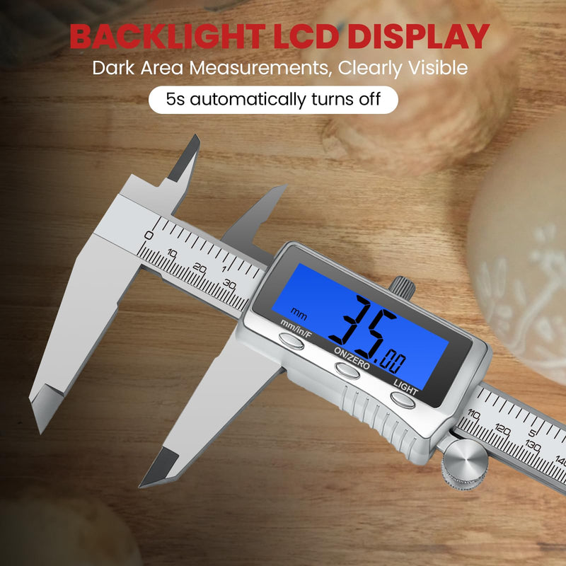 Digital Caliper 6 Inch, Rechargeable Calipers with Backlight LCD Screen, Stainless Steel Caliper Measuring Tool, Auto-Off Micrometer, Inch/MM/Fraction Conversion for 3D-Printing/DIY/Household 6In