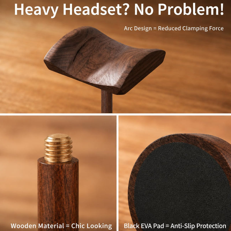 Headphone Stand Nature Wood Headset Hanger Mount Hook Gaming Holder Desktop Earphone Artful Functional Stand for All Headsets with Solid Wooden Base Walnut Storage Base