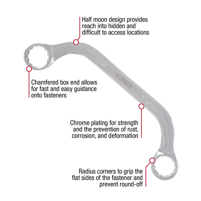 Sunex Tools 9935 SAE Half Moon Wrench Set, 5/16"x3/8" - 13/16"x7/8", Fully Polished, 5-Piece (Includes Roll-Case)