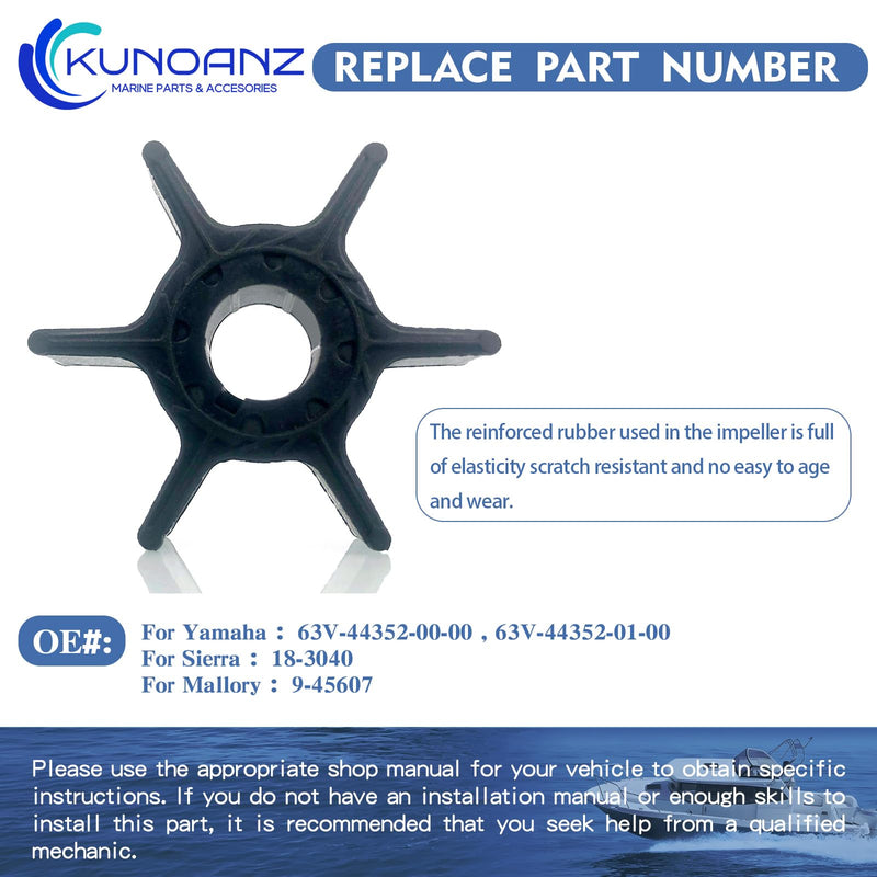 63V-44352-01-00 Water Pump Impeller For Yamaha 8 9.9 15 20 HP 2/4 Stroke Outboard For Sierra 18-3040 63V-44352-00-00 8HP 9.9HP 15HP 20HP 2 Cylinder T8 T9.9 F9.9 F15 F20 For Mallory 9-45607 1996-2020