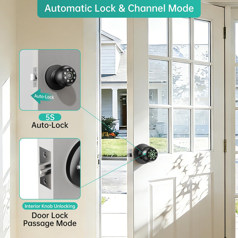 Fingerprint Door Lock - Smart Door Knob, Biometric Door Lock with Keypad Passcode Door Handle for Bedroom Home Office (Black) Black APP
