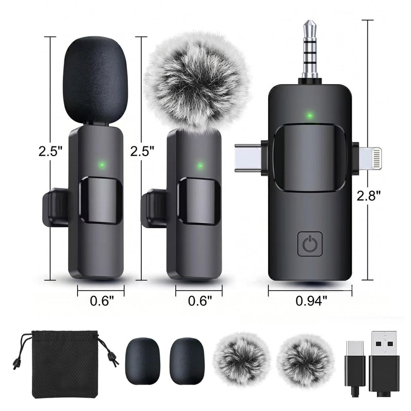 3-in-1 Professional Wireless Lavalier Microphone for iPhone Android Camera, 2-Pack Universal Clip-on Lapel Mic for Video Recording, YouTube Podcast Vlog TikTok Live Streaming, Content Creator