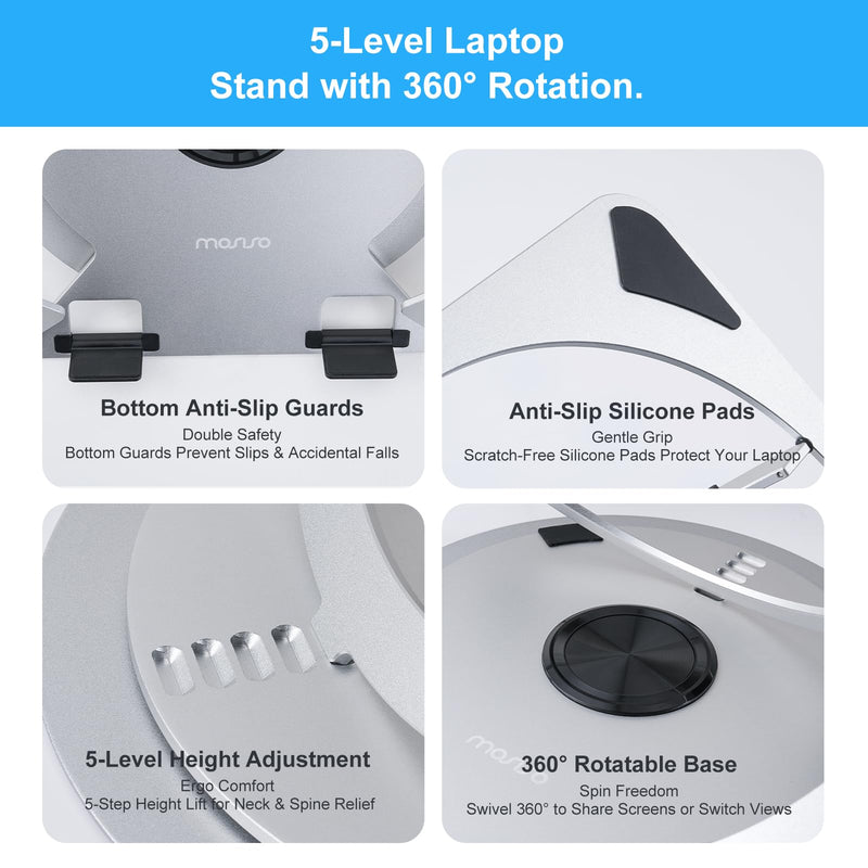 MOSISO Laptop Stand for Desk, Adjustable Aluminum Alloy Computer Stand with 360 Degree Rotating Base, Ergonomic Keyboard Riser Kickstand for Collaborative Work, Compatible with All Laptops, Silver