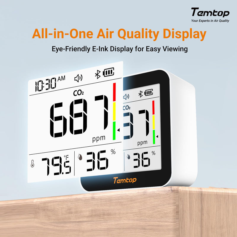 Temtop CO2 Monitor Indoor Air Quality Monitor 3 in 1 CO2 Meter(Temperature, Humidity and CO2), 180 Days Standby Time Basic: CO2/Temp/Humidity