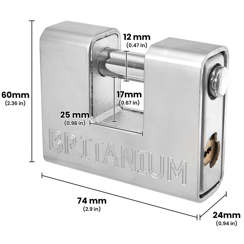 Britanium® BRP74 [Armoured] High Security Padlock - [Anti Drill Cylinder] - Heavy Duty Lock for Storage Unit with 0.67” Shackle Clearance, Motorbike, Shed & Garage Silver 74 mm 5 Keys