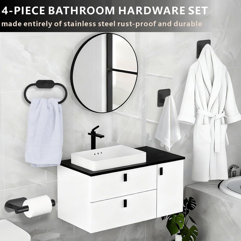 Self-Adhesive Bathroom Hardware Set, Towel Ring, Toilet Paper Holder and 2 Towel Hooks for Kitchen/Bathroom, No-Drilling Stainless Steel Bathroom Accessories, Wall Mounted, Black
