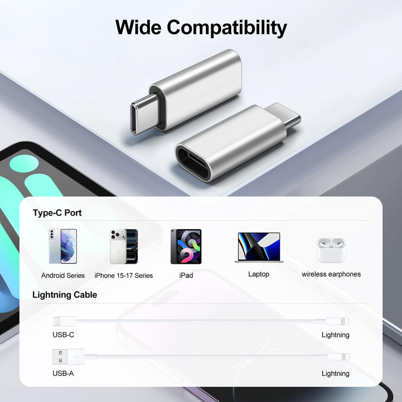 Adapter Compatible with Lightning to USB-C(2-Pack) | Supports 480Mbps Data Transfer, 27W Charging, [Audio not supported] Metal housing for Excellent Heat Dissipation - Silver Lightning female– USB-C male