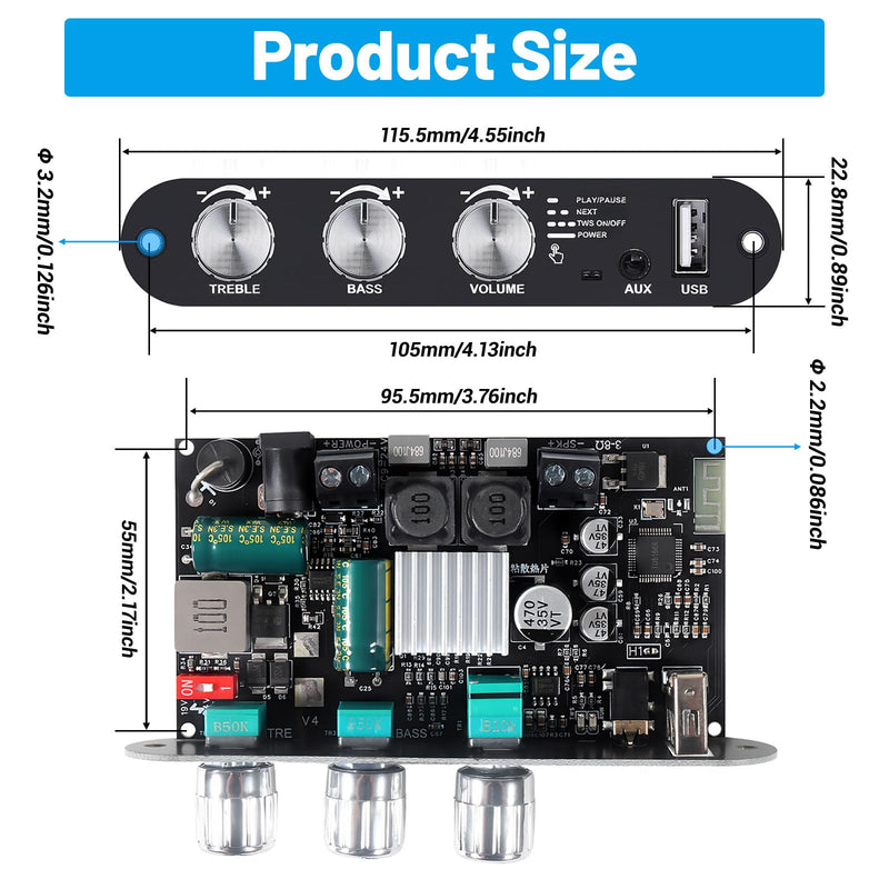 ZK-1001U Mono Amplifier Board with TWS Boost Circuit Treble Bass, 100W Power Output Mini Audio Amp for Home Outdoor DIY Speakers 9-24V Input Supports USB/AUX/Bluetooth