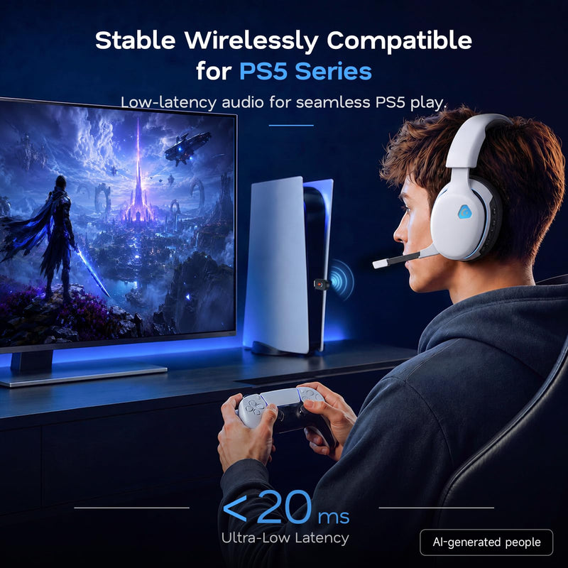 AOC 2.4GHz Wireless Gaming Headset for PS5, PS4, PC, Switch, 45Hr, White | Bluetooth 6.0 Gaming Headphones with Noise Canceling Mic, 7.1 Virtual Surround, Great for Fortnite & Call of Duty/FPS Gamers