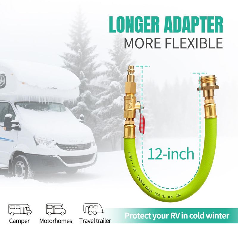 Lead -Free Brass 16.9" Winterize Sprinkler System RV Motorhome Boat Camper and Travel Trailer: Air Comp Quick-Connect Plug To 3/4" Garden Hose Faucet Blow Out Adapter Fitting with Valve