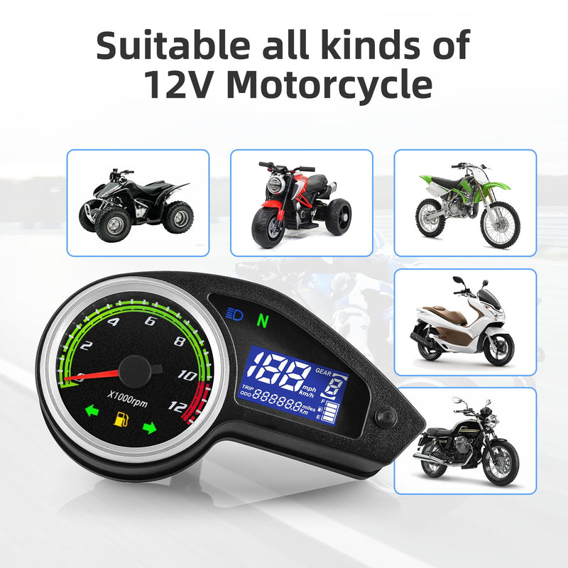 Universal Motorcycle Speedometer Gauge Digital Speedometer for Motorcycle LCD Gauge Cluster MPH Dashboard Speedo Meter with Tach, Odo, Oil Level, Gear
