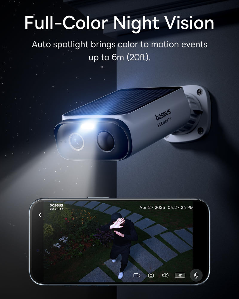 Baseus Solar Security Cameras Wireless Outdoor S1 Lite, 2K QHD Solocam, Continuous Power, Color Night Vision, AI Human Detection, IP67, No Monthly Fee, Local Storage, Works with Alexa & Google Home 2K Solocam