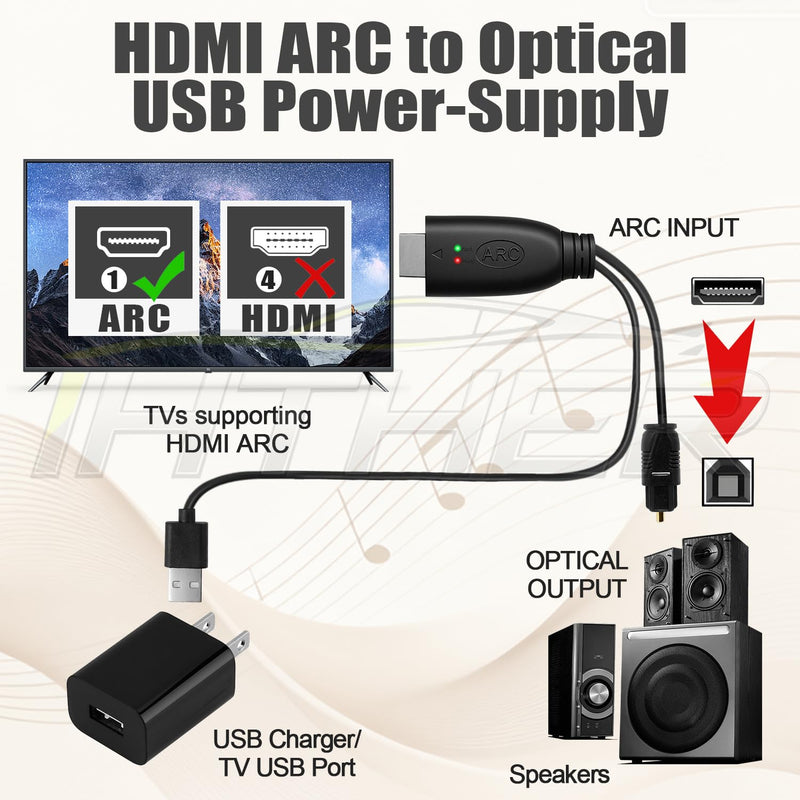 192KHz HDMI ARC to Optical Audio Adapter, HDMI ARC Cable for Soundbar to TV, Plug & Play Optical Audio to HDMI A RC Converter, Optical Audio Splitter Support for PCM/LPCM/Dolby 5.1/DTS 5.1[No CEC]