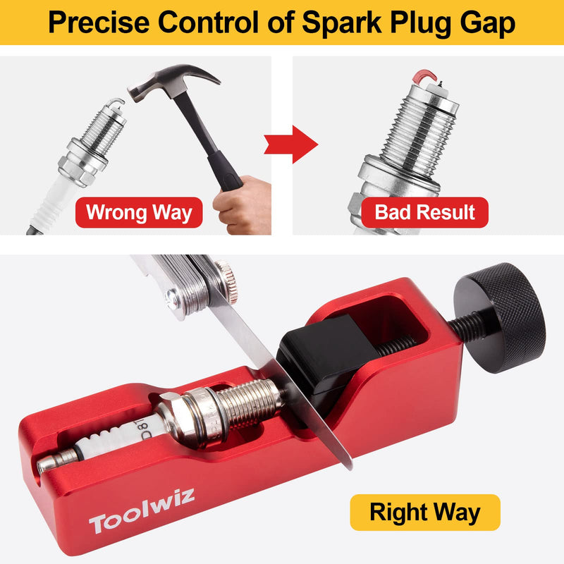 Toolwiz Spark Plug Gap Tool with 32 Blade Steel Feeler Gauge, Gapping Tool for Most 10mm 12mm 14mm 16mm Thread Spark Plugs, Red Red+Feeler Gauge