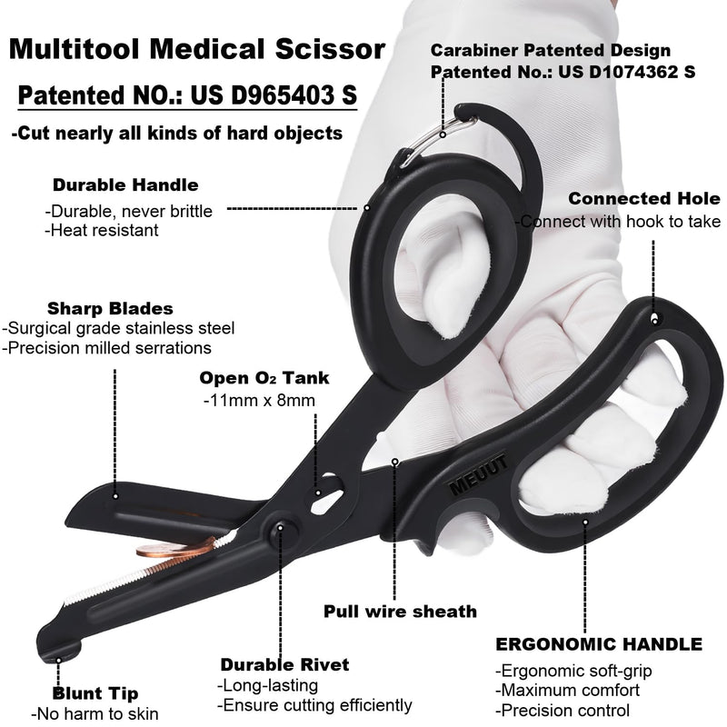 MEUUT 2 Pack Medical Scissors Trauma Shears with Carabiner design for left and right hand, 7.5" Fluoride Coated Non-stick Blades Bandage Scissor for Nurses, EMT, Household, outdoors Black/Black+black/Black