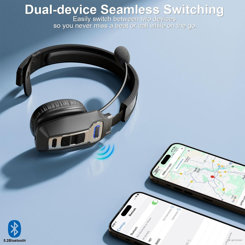 BRAMMAR Trucker Bluetooth Headset with AI Noise Cancellation Microphone, Trucker Headset with 65Hrs Talk Time & Mute Button, Multipoint Connection, Bluetooth Headsets Fit for Truck Drivers/Cell Phones Black
