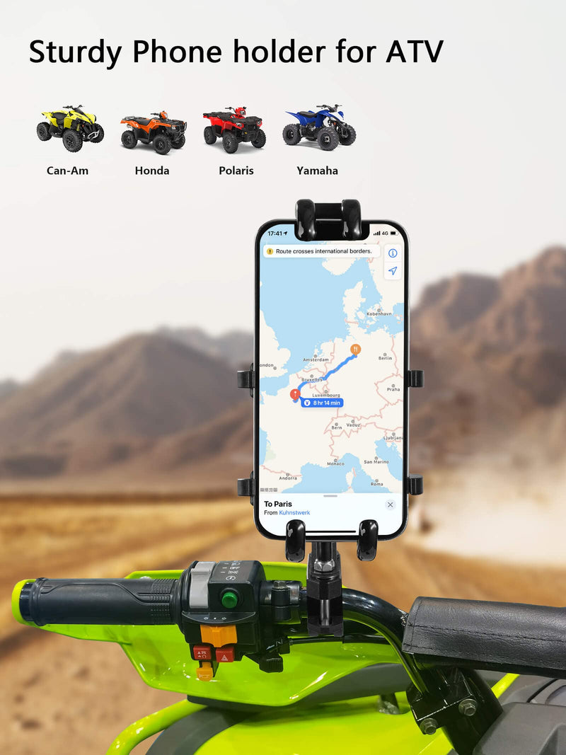 ATV Phone Holder, Quad Phone Mount, 8 Clamps Holds 4.7-7.1" Phones, One Hand Operation Motorcycle Phone Clip for 7/8-9/8" Handlebar,Compatible with Yamaha Polaris Honda Can Am ATV/motor phone holder