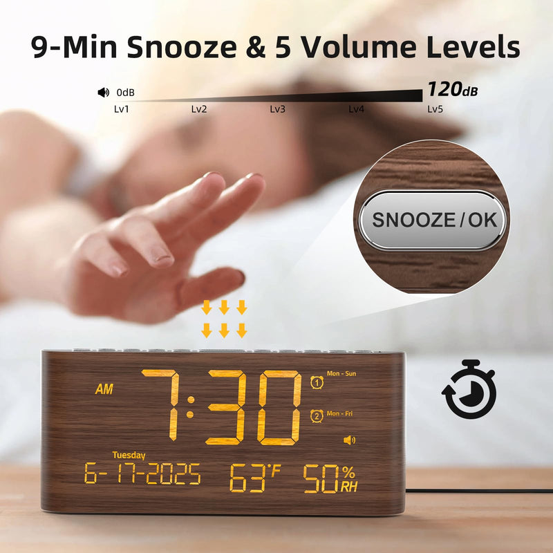 Raynic Digital Alarm Clock, Dual Alarms, 8.7" Large LED Display, USB & Type-C Charging Ports, Temperature & Humidity Display, 5-Level Dimmer & Volume for Bedroom & Home Office, Dark Wood Grain Finish