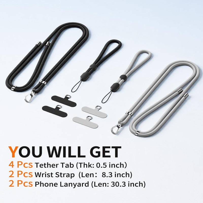 for Phone Lanyard,Anti Theft Travel Essentials | 2 Pack Phone Neck Strap (Adjustable Crossbody), 2 Pack Phone Wrist Strap,4 Pcs Tether Tab,Compatible with iPhone & Android B-black+gray