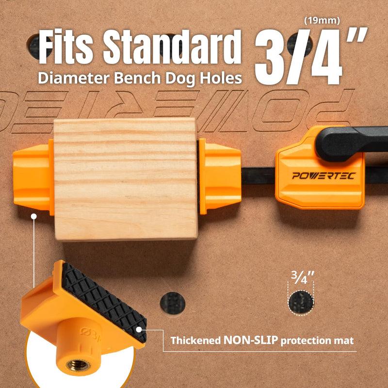 POWERTEC 72240 Bench Dog Clamps w/Bench Dogs for 3/4" Dog Holes | 2PCs Quick Clamp and Release Wood Clamps with 176lbs Clamping Force, 8PCs Durable Bench Dogs with Grommet Bench Brake Inserts Bench Dog Clamps (2PCs) w/ Bench Dogs (8PCs)