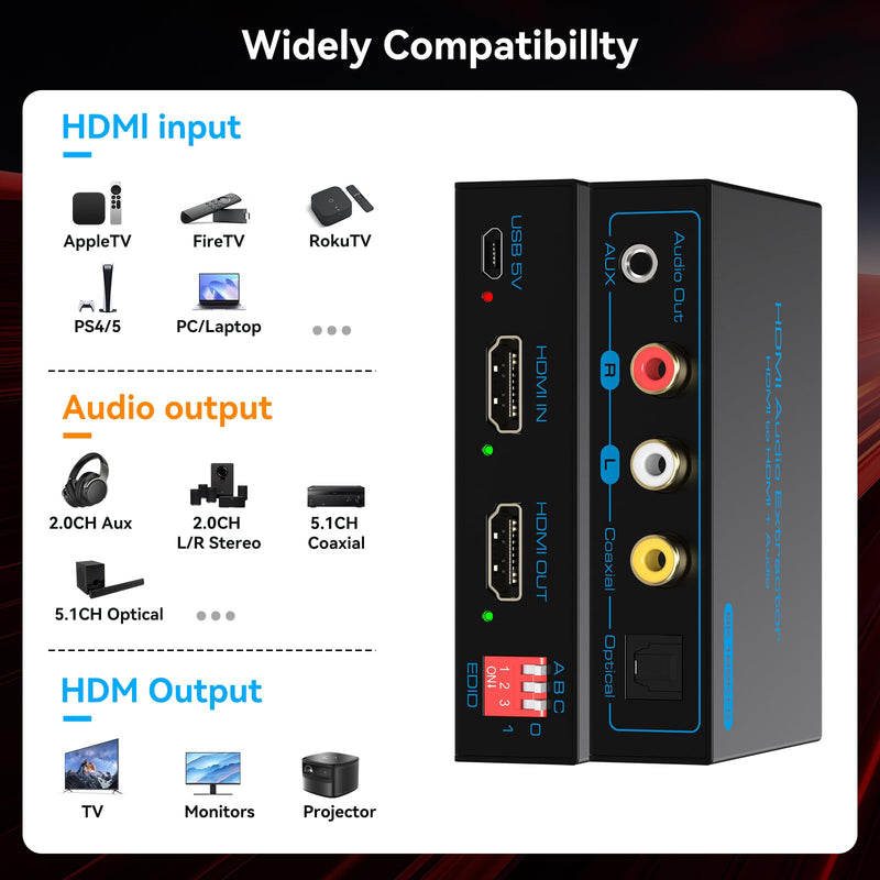 8K 60Hz HDMI Audio Extractor 4K 120Hz HDMI to Optical Coaxial AUX Converter Supports HDCP Digital DTS 5.1 EDID Management PCM 2.0 for Fire TV PS4 PS5 Xbox Light blue