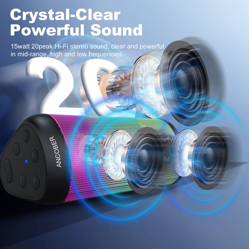Portable Bluetooth Speaker, Powerful HD Stereo Loud/30H Playtime/IPX4 Waterproof for Outdoor Home/8 Dynamic Lights/Wireless BT 5.3/AUX, Travel|Camping|Beach Essentials, School Supplies, Birthday Gifts Black