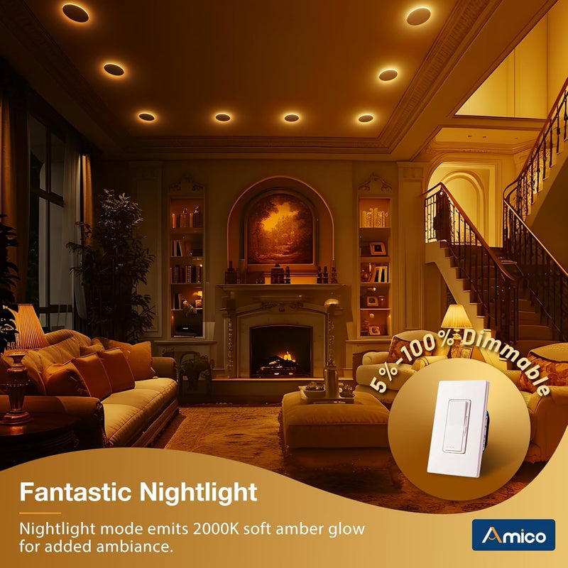 Amico 2 Pack 6 Inch 5CCT LED Recessed Ceiling Light with Night Light, 2700K/3000K/3500K/4000K/5000K Selectable Ultra-Thin Lighting, 12W=110W, 1100LM, Dimmable Canless Wafer Downlight ETL&FCC 6 Inch-White