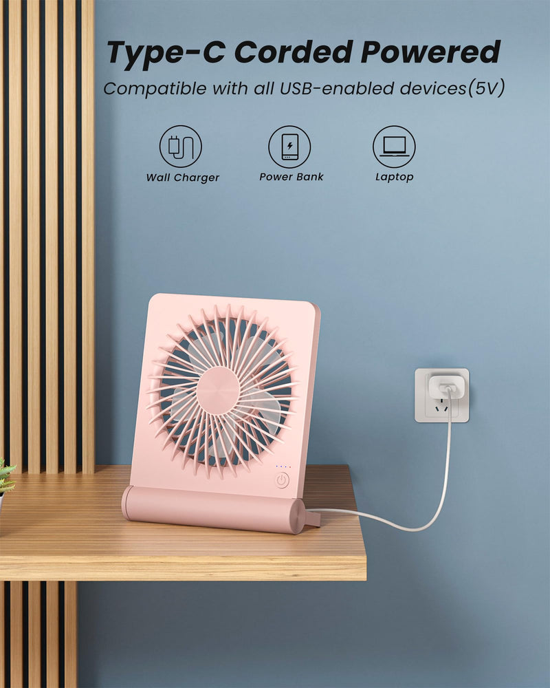 Koonie USB Fan, Strong Wind Ultra Quiet Small Desk Fan 220° Tilt Folding 3 Speeds Adjustable USB-C Powered Personal Fan for Home Office Desktop, Pink