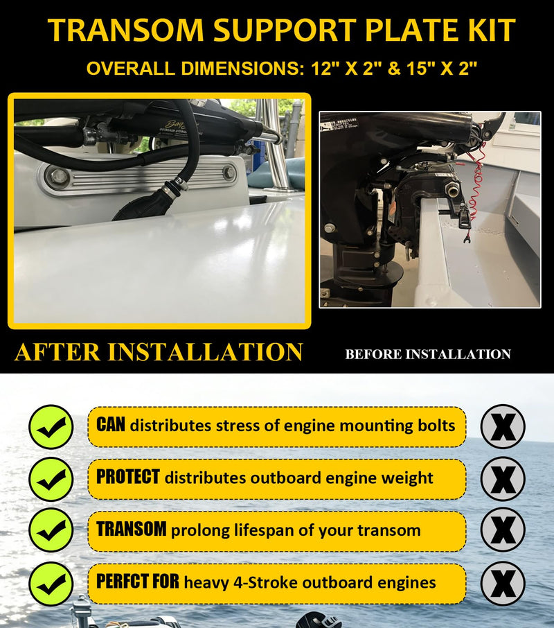 Camoo TSP-1 & TSP-2DP Transom Support Plate Kit for Top Bolt Holes Standard and Lower Bolt Holes Standard (12" x 2" & 15" X 2"), 3/8" Thickness Cast Aluminum, 2 Pack