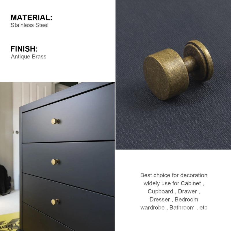 Set of 6 Antique Brass Drum Cabinet Knobs for Drawers, Heavy-Duty Solid Zinc Handles, 1" Diameter for Farmhouse & Modern Kitchen Hardware Knob