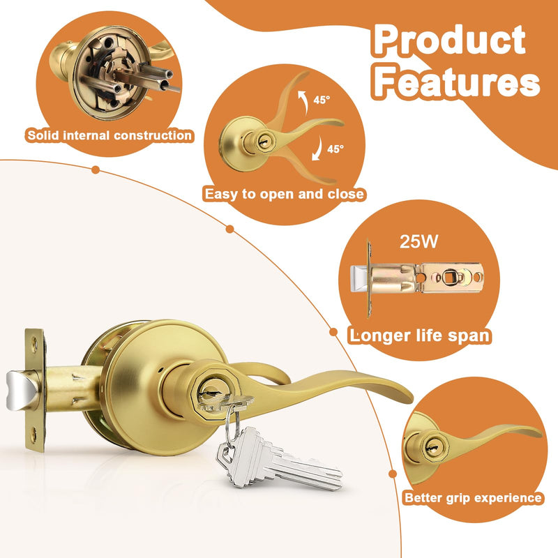 Probrico Brushed Gold Door Handles Front Exterior Door Handles with Lock and Keys, Gold Entry Door Lever Wave Style Reversible, 1 Pack