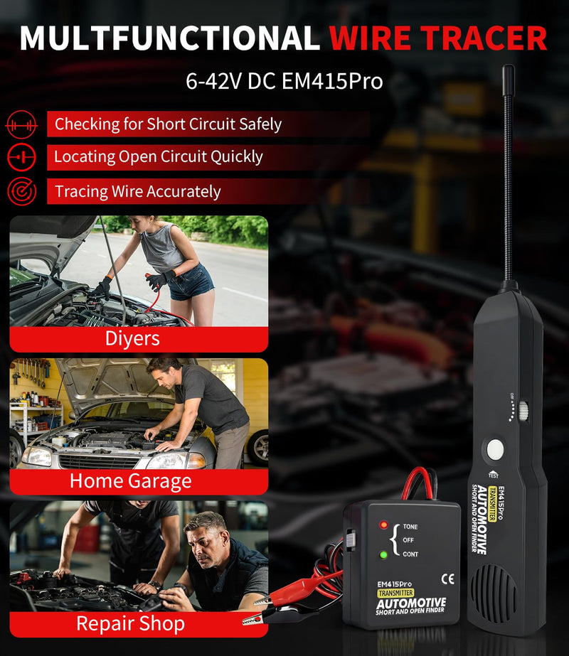 EM415Pro Wire Tracer Electrical Automotive Open & Short Finder With Battery, 6-42V DC Circuit Tester Automotive Circuit Breaker Finder Fault Probe Wire Tracker Electrical for Car, Boat,Trailer