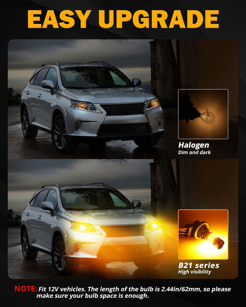 Auxbeam B21 Series 3157 LED Bulbs Amber Yellow Built in Resistor CANBUS Error Free Anti Hyper Flash 3457 4157 Bulb 600% Super Bright Turn Signal Light, Need Resistors for Some Trucks