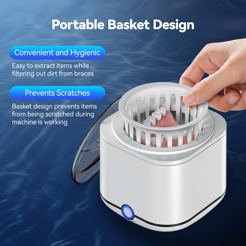 Miorcols Ultrasonic Retainer Cleaner Machine, 48kHz Denture Cleaner Machine for Mouthguard, Braces, Night Guard, Toothbrush, Jewelry with 7.8OZ Dental Cleaning Pod- White