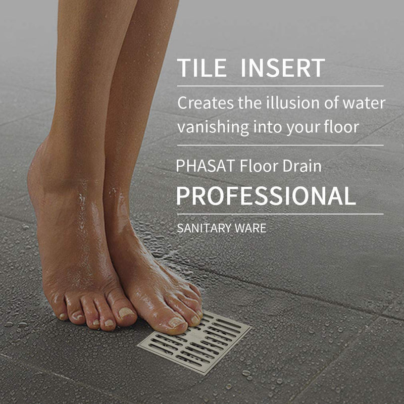 PHASAT Brass Floor Drain Contemporary 4 inches Square, with Removable Strainer,Brushed Nickel,80601N Brushed Nickel