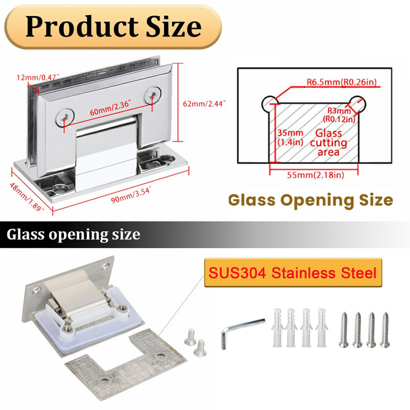 Alise Glass Shower Door Hinge,90° Hinge for Glass Doors,Polished Chrome | Heavy Duty Solid SUS304 Stainless Steel,Wall to Glass Mounted,Frameless Shower Doors Hardware Replacement Part Polished Chrome (S/1P)90 Degree