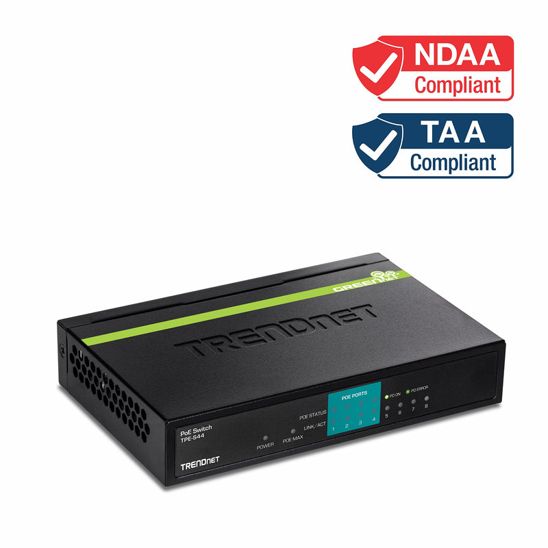 TRENDnet 8-Port PoE Switch, TPE-S44, Ethernet Splitter, 30W Power Budget, 1.6 Gbps Switching Capacity, 10/100Mbps, NDAA & TAA Compliant, Lifetime Manufacturer Protection