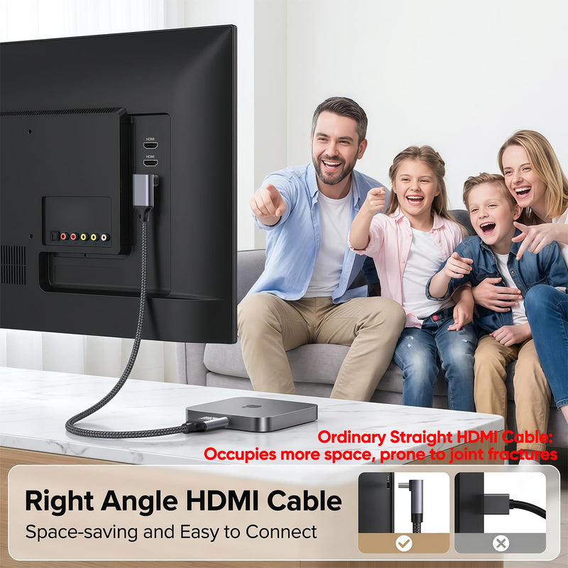 Short Right Angle HDMI Cable 8K 90 Degree HDMI 2.1 Cable 1 Foot | Aluminum Braided Angled HDMI Cord Supports 4K@120Hz, 8K@60Hz, 48Gbps, Dynamic HDR, eARC, 3D for TV Box, HDTV, Monitor, Laptop 90-Degree 1FT